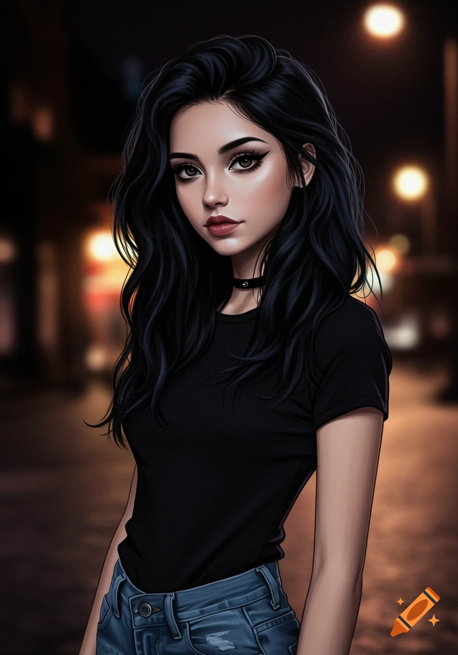 Digital art portrait of a young woman with long black hair and dark makeup, wearing a black t-shirt and jeans, standing at night with city lights in the background.