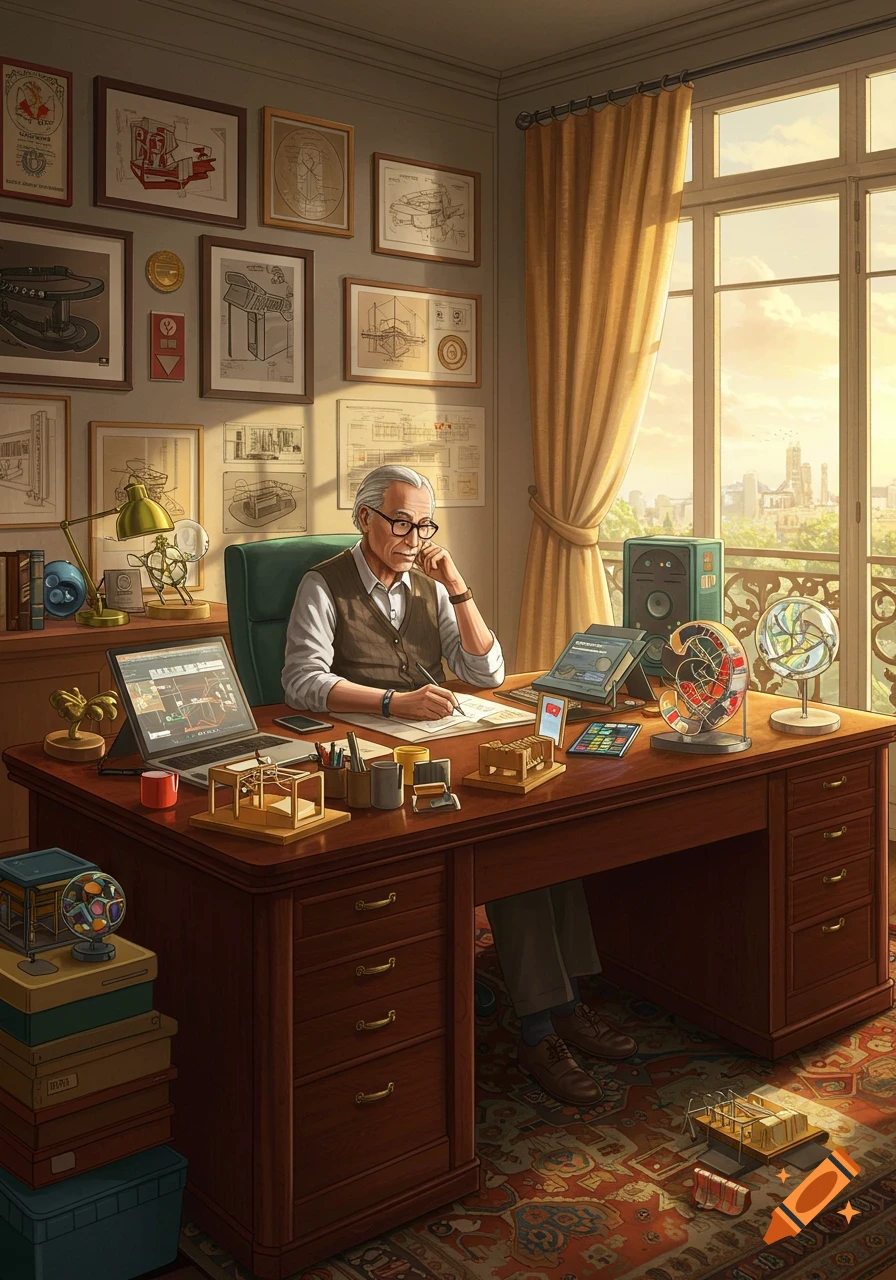 A senior man with glasses works at a large wooden desk in a sunlit office, surrounded by design blueprints and models.