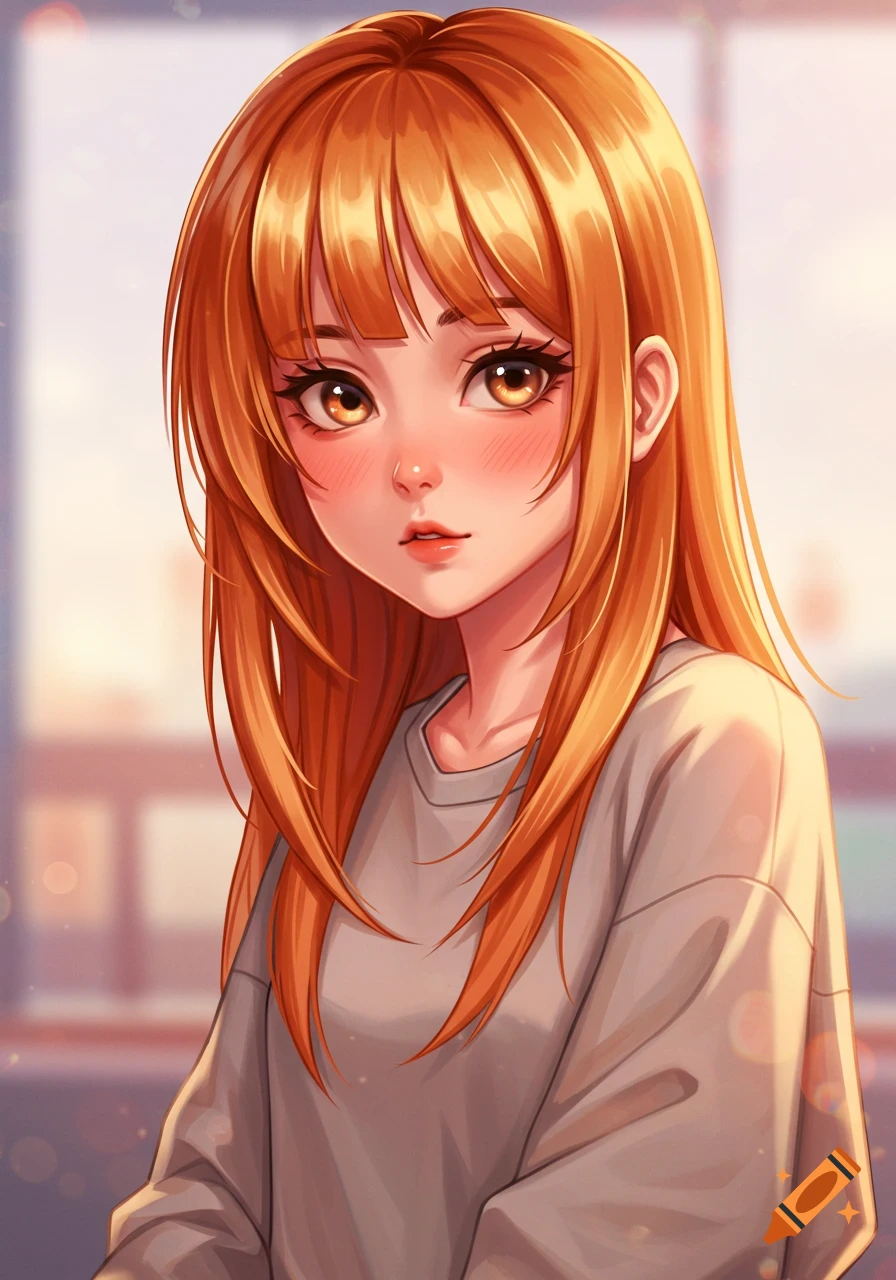 Close-up anime portrait of a girl with long orange hair and bangs, light brown eyes, and blushing cheeks, wearing a gray shirt.