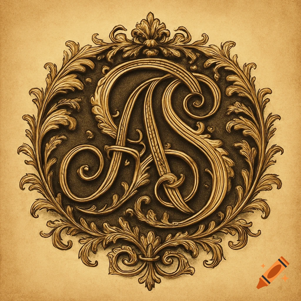 Ornate golden monogram of intertwined letters A and S in a decorative oval frame with scrollwork on aged paper.