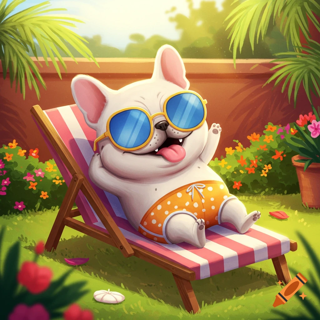 A cute cartoon French bulldog in blue sunglasses and orange swim trunks relaxes on a pink and white striped sunlounger in a sunny garden.