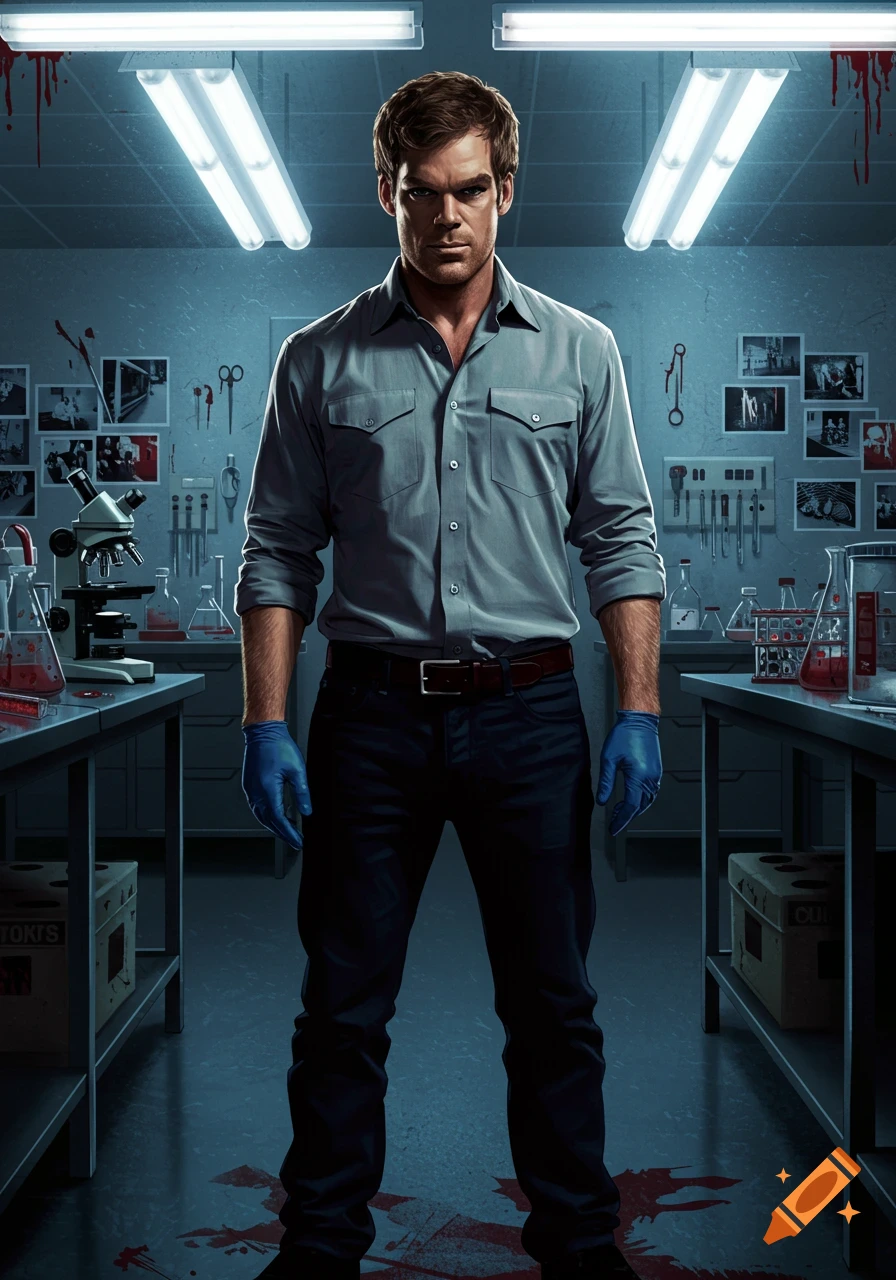 Dexter Morgan stands in a dimly lit forensic lab, wearing a grey shirt and blue gloves, with blood splatters on the floor and walls, surrounded by lab equipment. Photorealistic style.