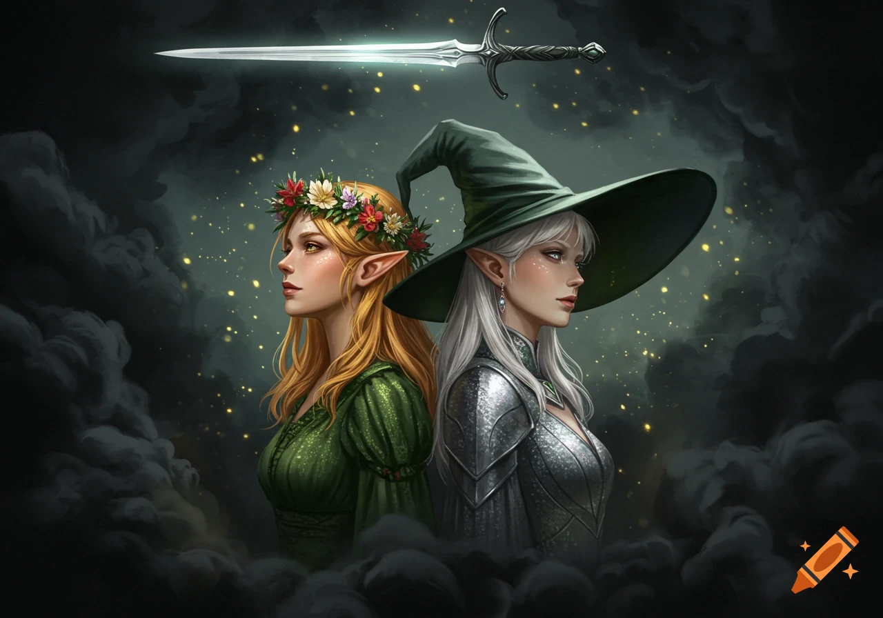 Two fantasy elves, one blonde in green with a flower wreath, one white-haired in silver armor and a witch hat, stand back to back, with a sword hovering above surrounded by smoke and sparkles.