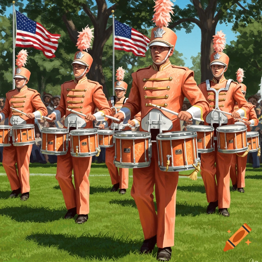 Peach-uniformed marching band drumline plays drums on a grassy field with American flags and trees in the background, in a painted style.