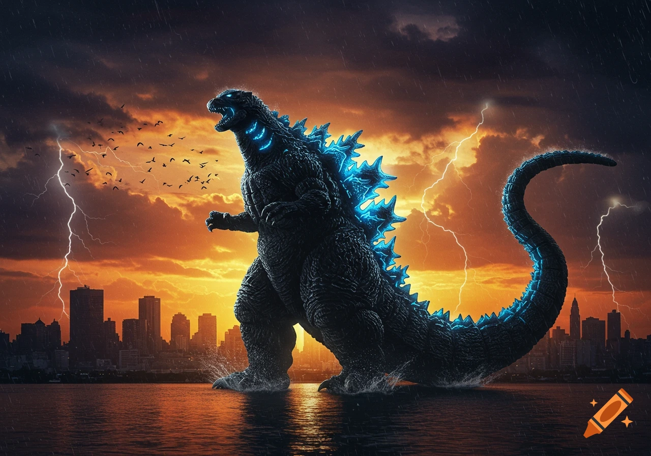 Gigantic Godzilla with glowing blue spines in stormy water, city skyline at sunset with lightning.