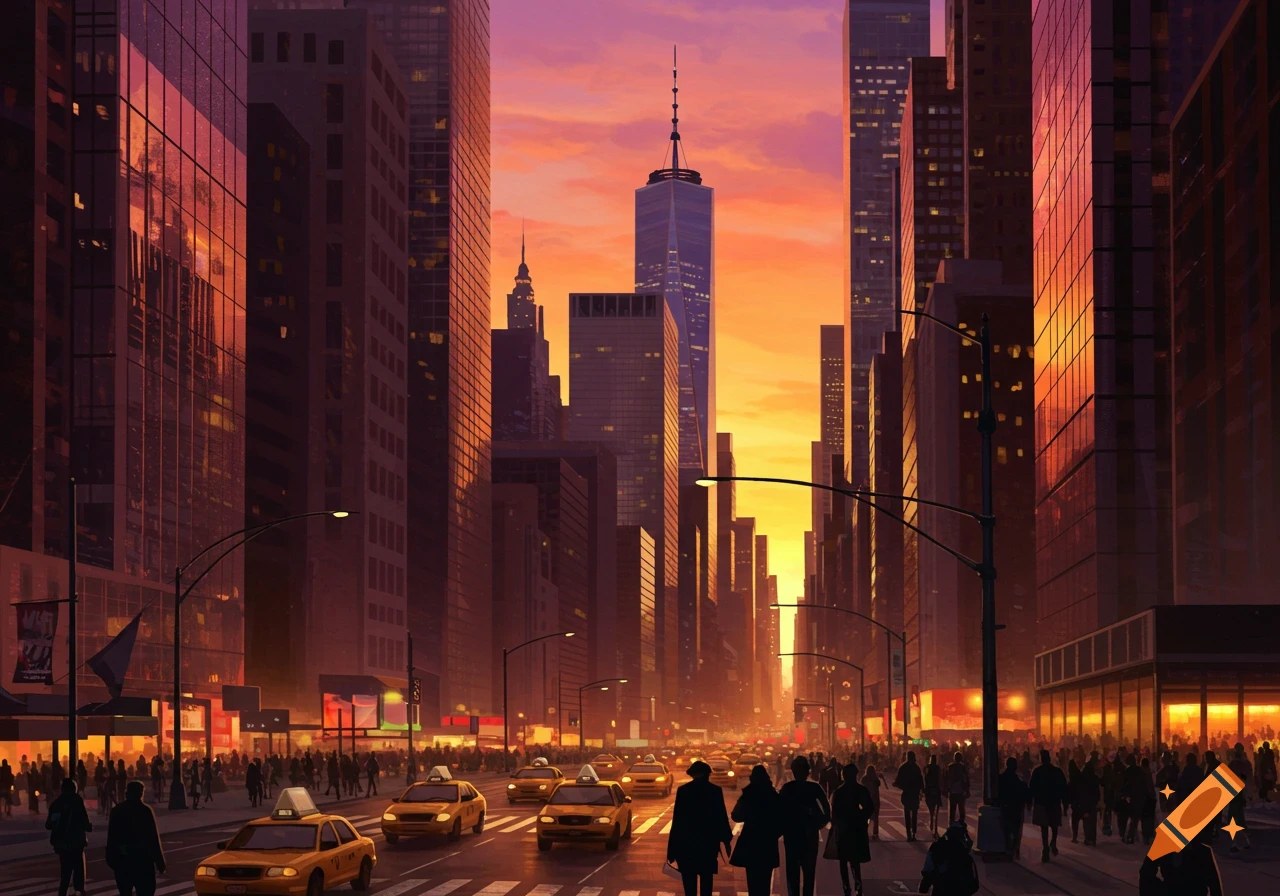 Stylized illustration of a busy NYC street at sunset, with skyscrapers, yellow taxis, and silhouetted people. Warm colors.
