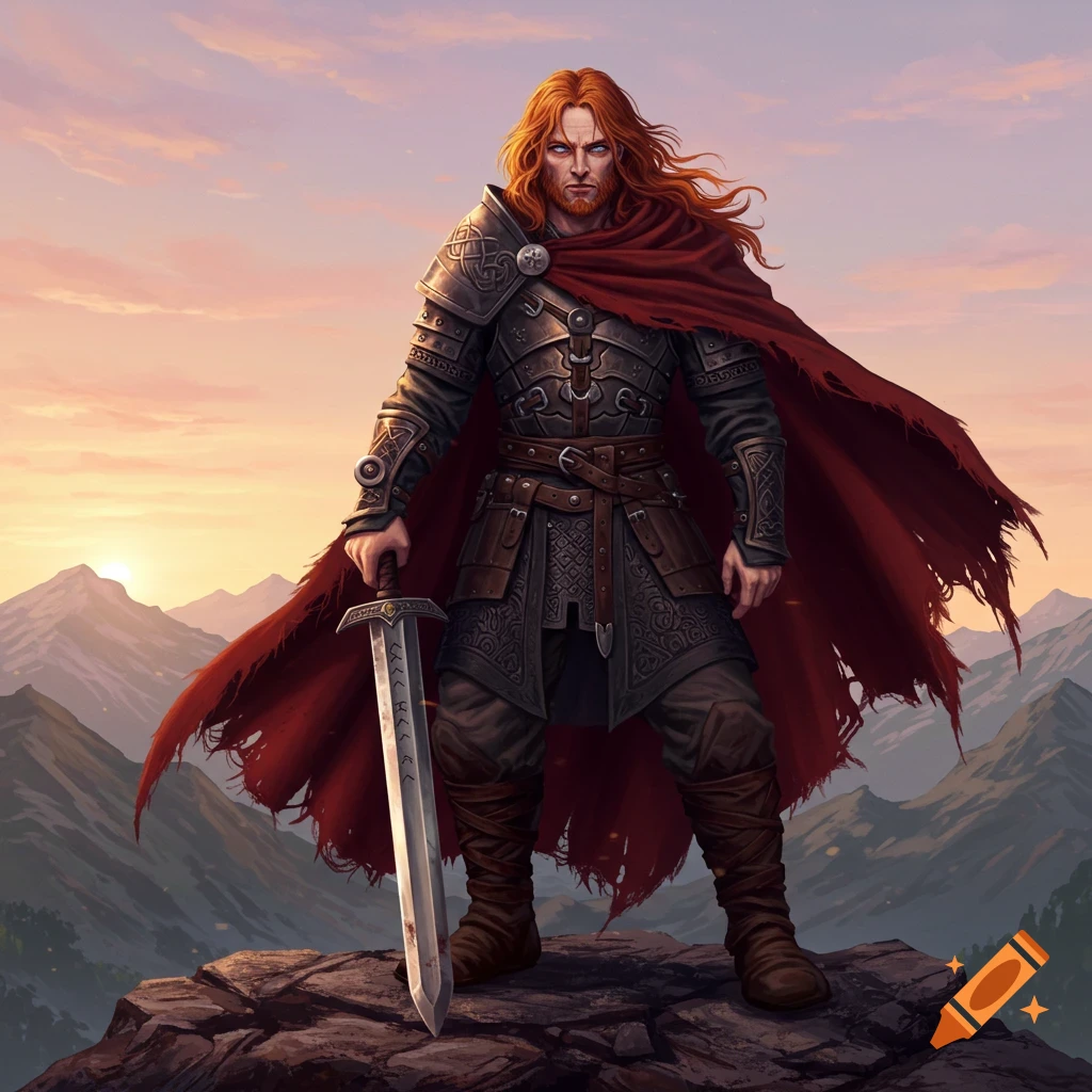 A stoic, red-haired warrior in dark armor and a red cape stands on a mountain peak at sunset, holding a sword.