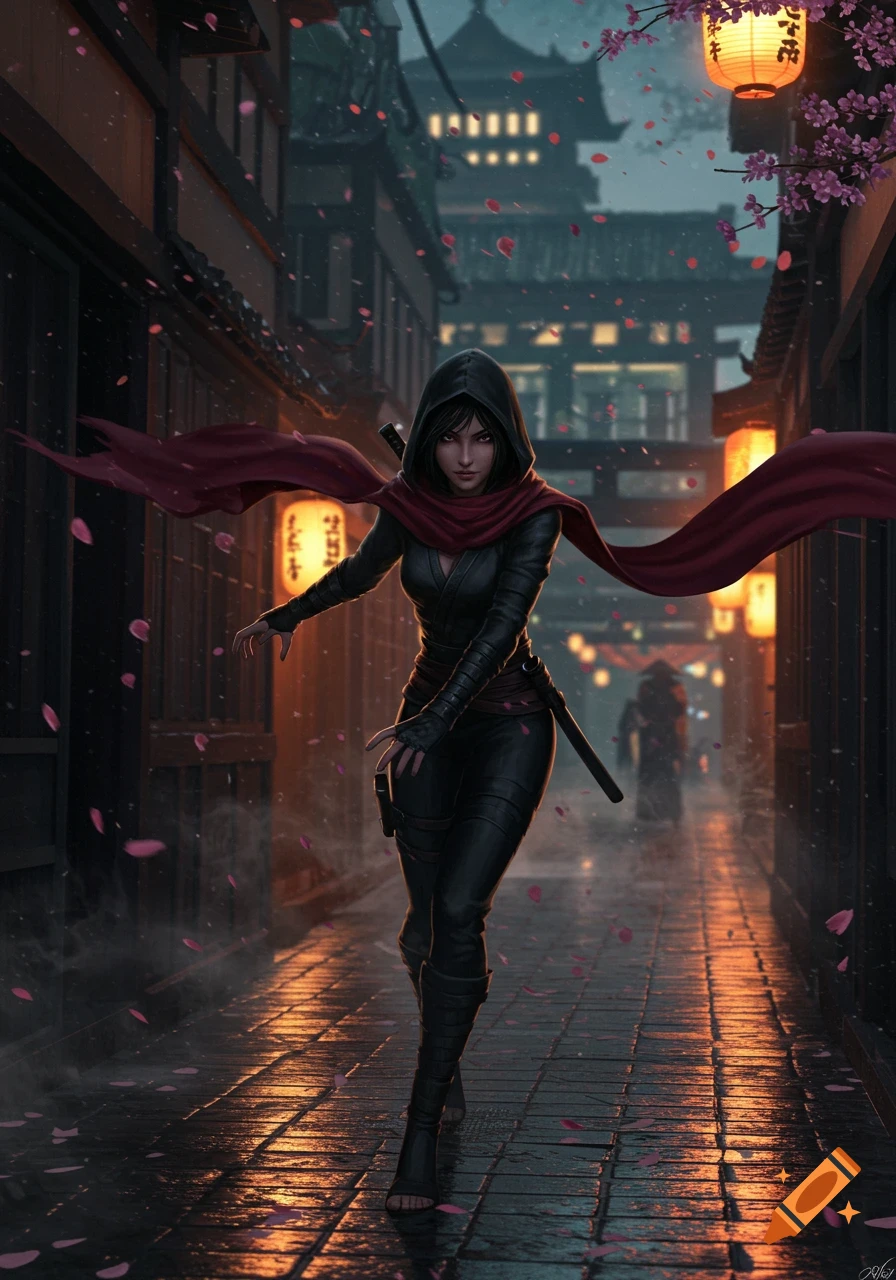 A hooded ninja woman in black attire and a red scarf walks through a rainy, lantern-lit Japanese street with cherry blossoms, digital art.