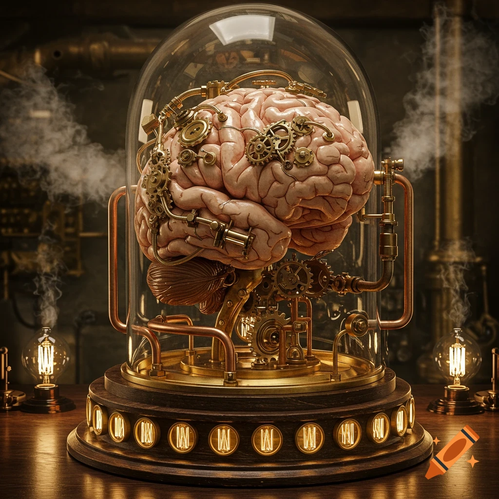 An intricate steampunk brain made of brass gears, pipes, and metal, encased in a glass dome on a wooden base with glowing light bulbs and wisps of smoke.