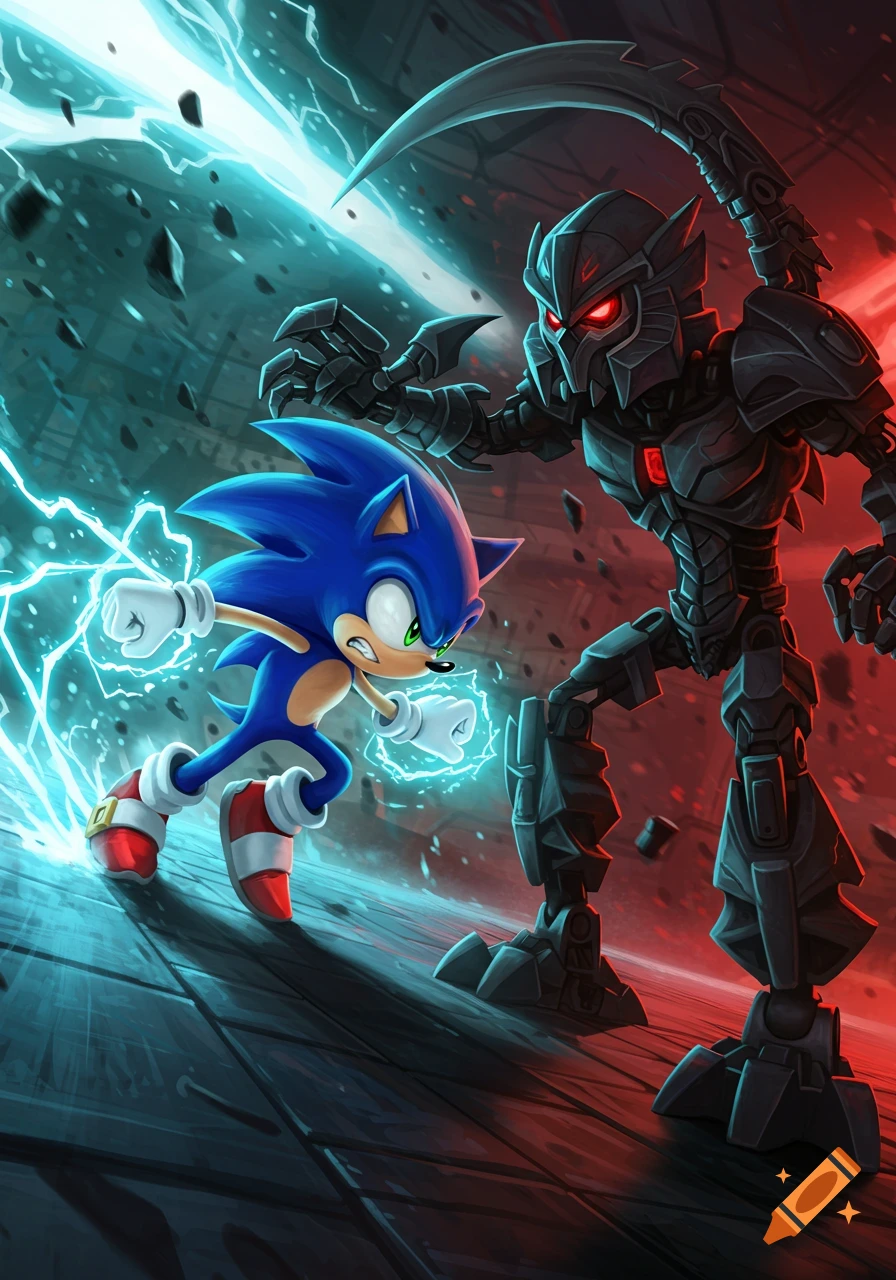 Sonic the Hedgehog, crackling with blue electricity, battles a dark, armored figure with a scythe in a dramatic, stylized illustration.