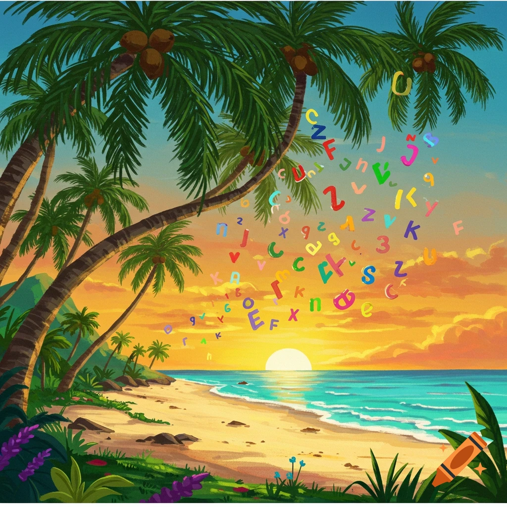 A vibrant cartoon illustration of a tropical beach at sunset, with colorful letters and numbers raining down from palm trees.