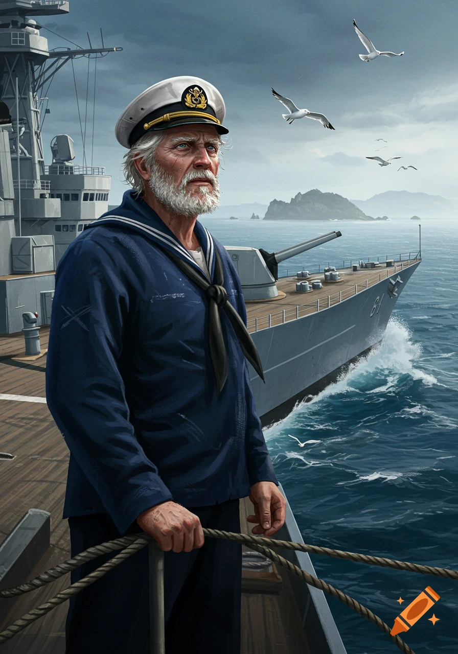 Digital painting of an older, grizzled sailor in uniform standing on a navy ship, looking out at the sea with islands and seagulls.