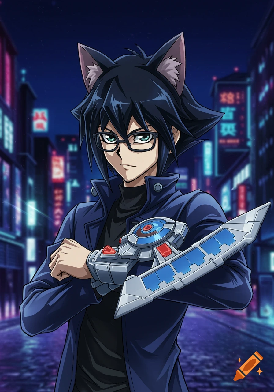 An anime character with black hair, cat ears, and glasses wears a blue coat and a futuristic duel disk on his wrist, standing in a neon-lit city at night.