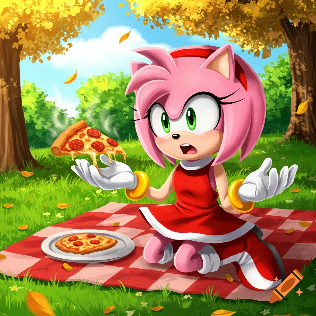 Cartoon Amy Rose sitting on a picnic blanket, looking surprised as she holds a slice of pepperoni pizza in a grassy, autumn park setting.