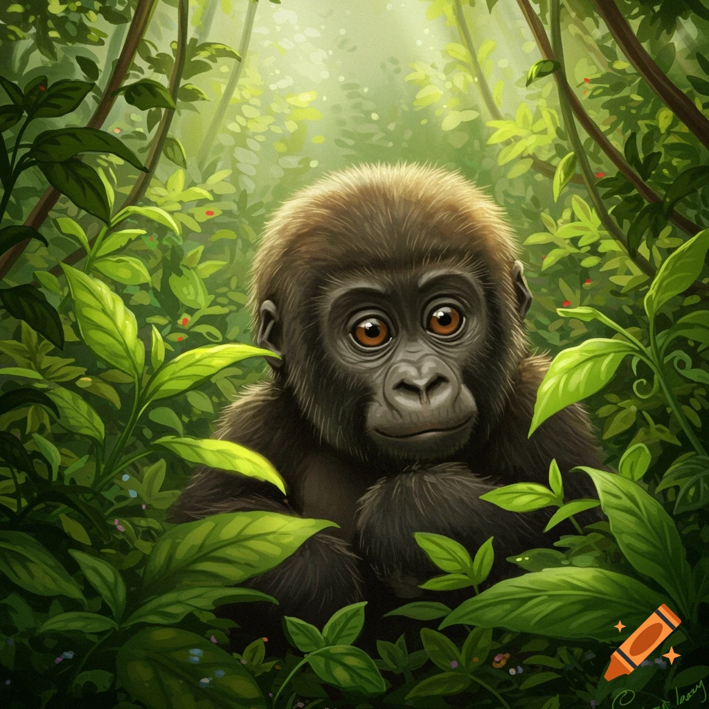 Cute baby gorilla with big brown eyes peeks through vibrant green jungle leaves with dappled sunlight.