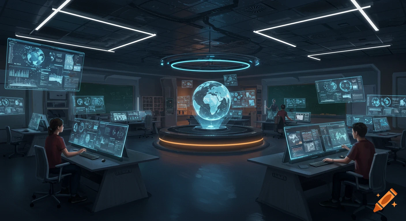 A dark, futuristic media lab with multiple people working on glowing transparent computer screens and a large holographic globe.