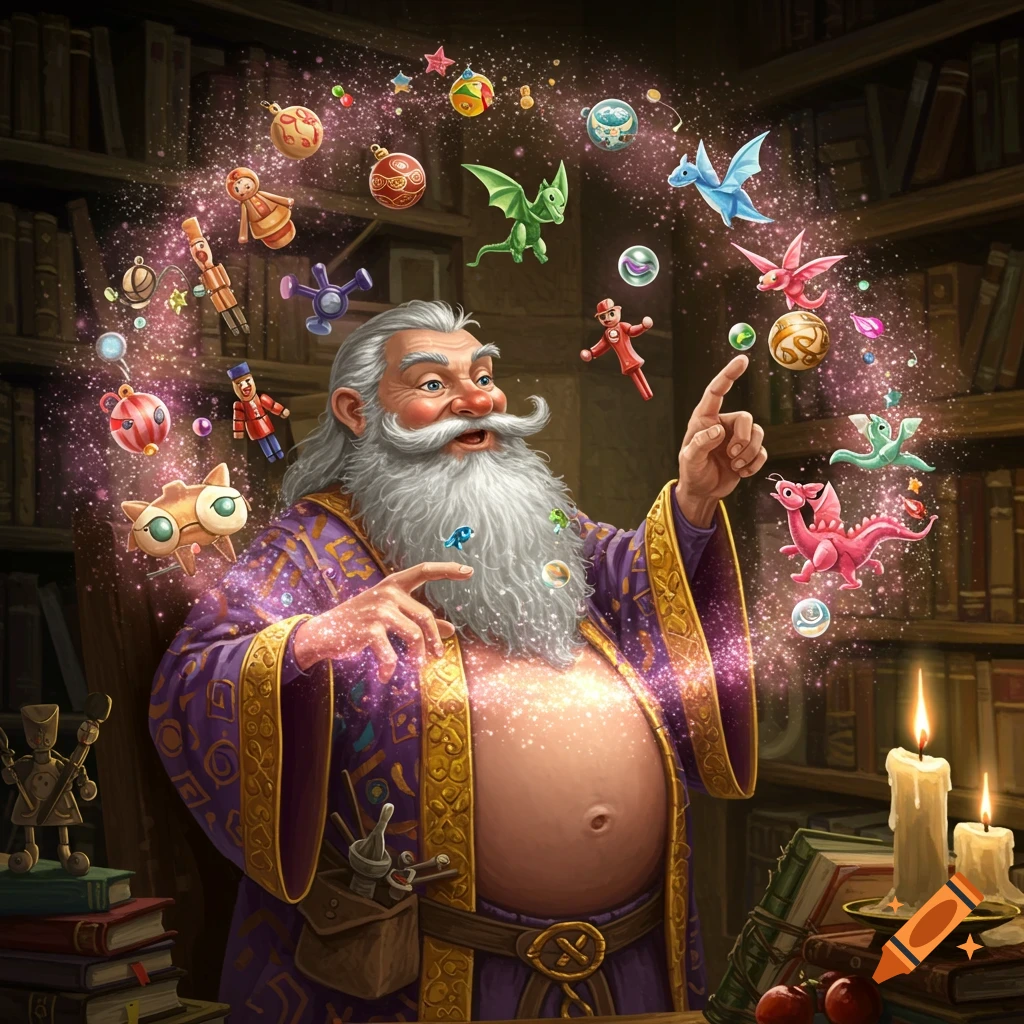 A wise wizard with a long white beard and purple robe conjures colorful toys, dragons, and ornaments from sparkling magic in a library.