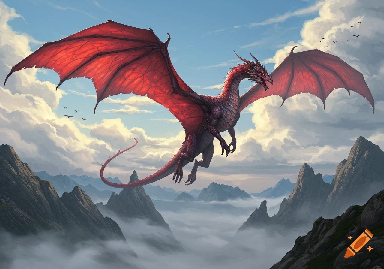 A majestic red dragon with large wings soars above misty mountain peaks under a cloudy blue sky.