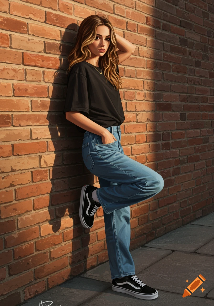 Stylized digital art of a girl with blonde highlights leaning on a brick wall, wearing a black tee, baggy jeans, and Vans.