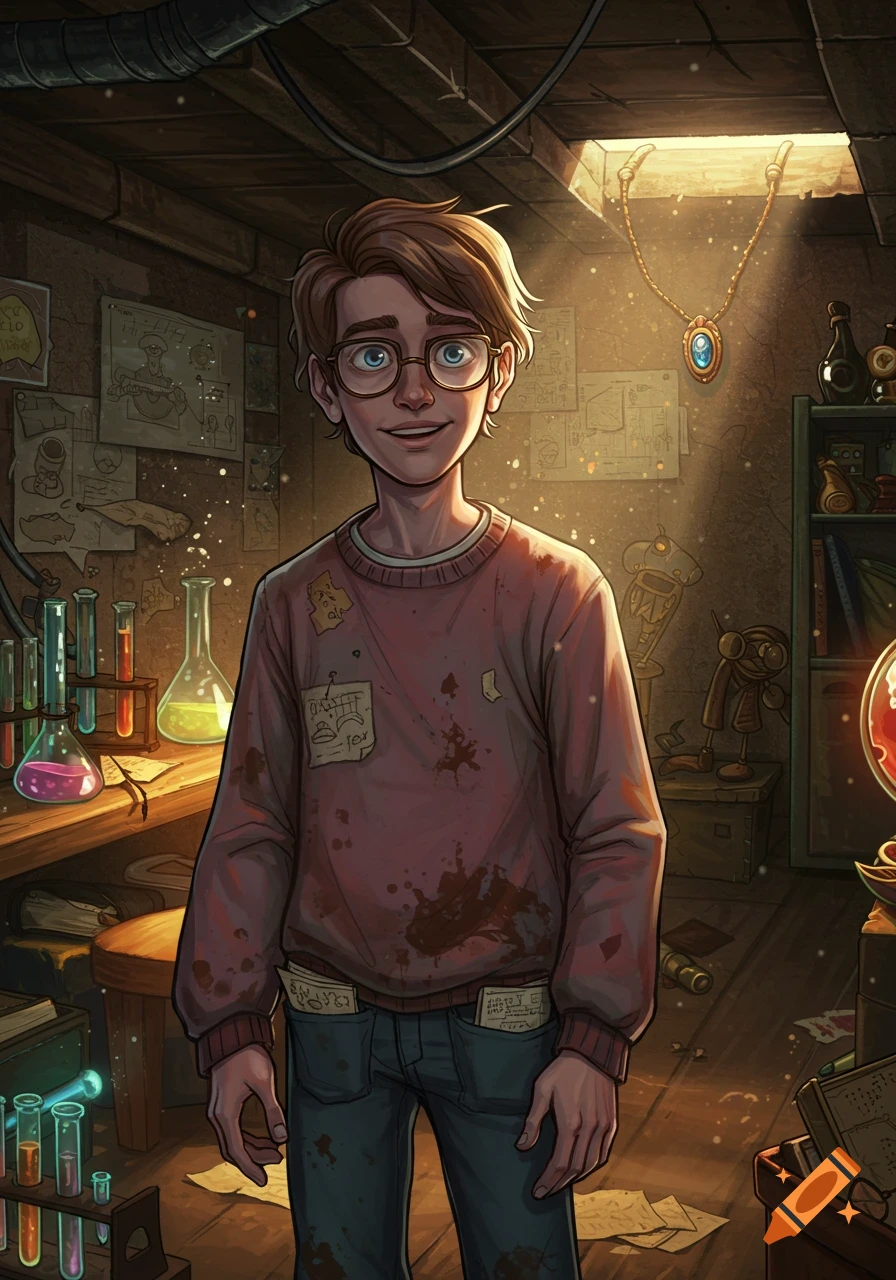 A smiling young male character with glasses stands in a dusty, dimly lit basement lab, surrounded by scientific equipment and glowing chemicals in a cartoon style.