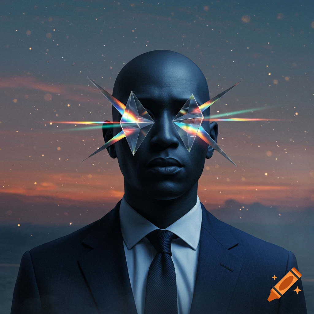 A dark-skinned man in a suit with sharp, geometric prisms for eyes that emit rainbow light, against a starry, sunset sky.