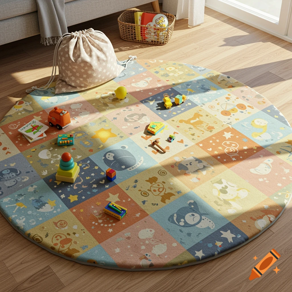 A round children's play mat with colorful animal and star patterns, scattered with toys and a drawstring bag, on a wooden floor in sunlight.