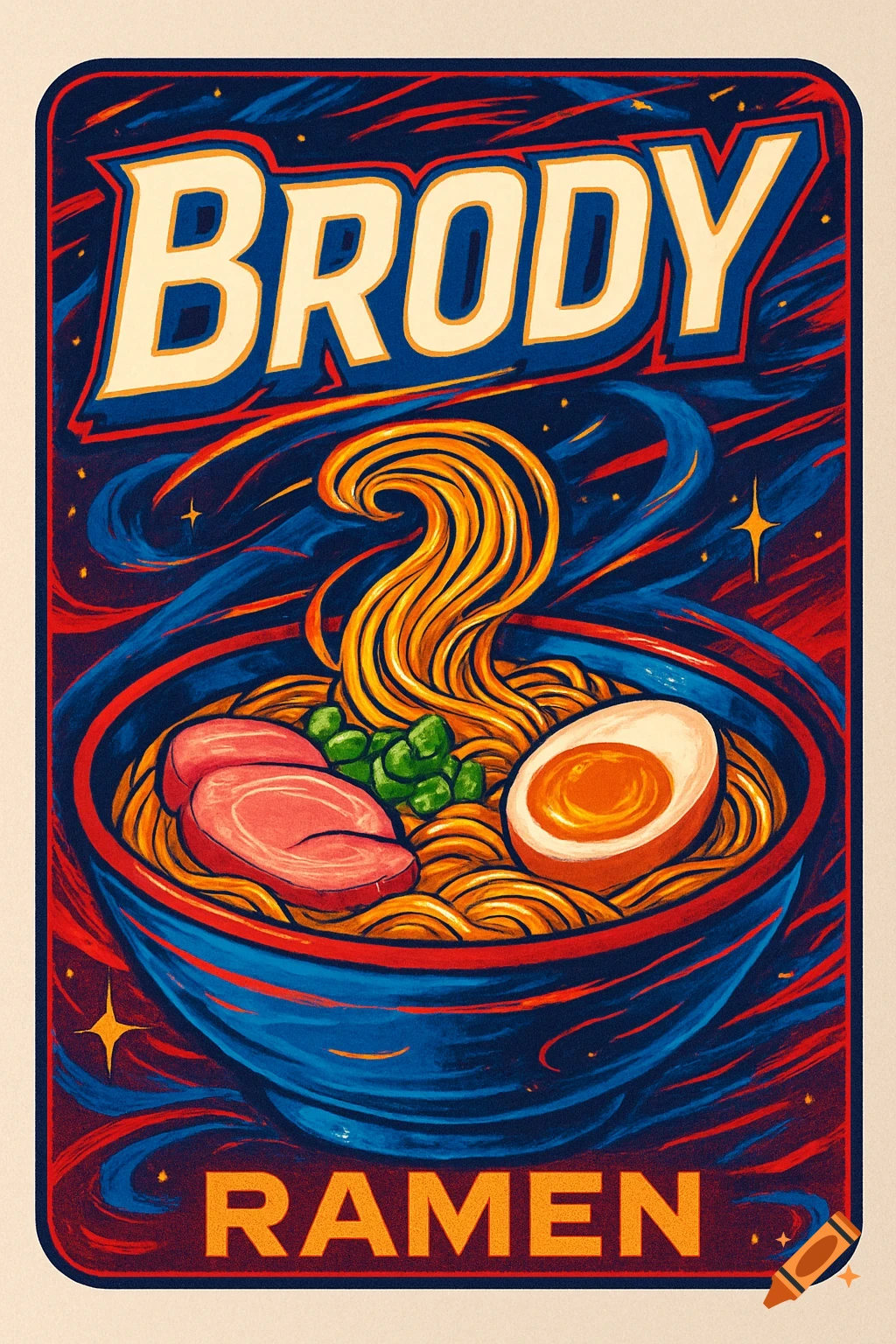 A vibrant, stylized ramen label with 'BRODY RAMEN' text, featuring a steaming bowl of noodles, meat slices, a soft-boiled egg, and peas.