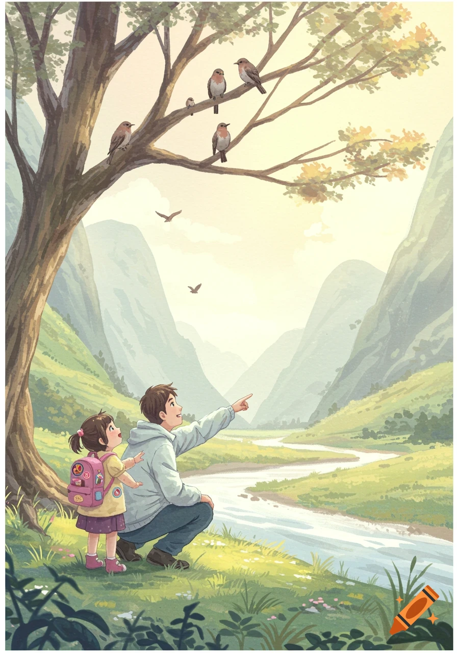 A father and daughter watch birds in a tree by a river in a peaceful mountain scene, watercolor style.