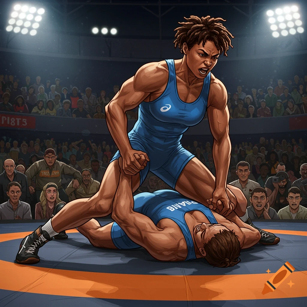 A powerful female wrestler pins a male opponent on the mat during a match in a packed stadium, cartoon art style.