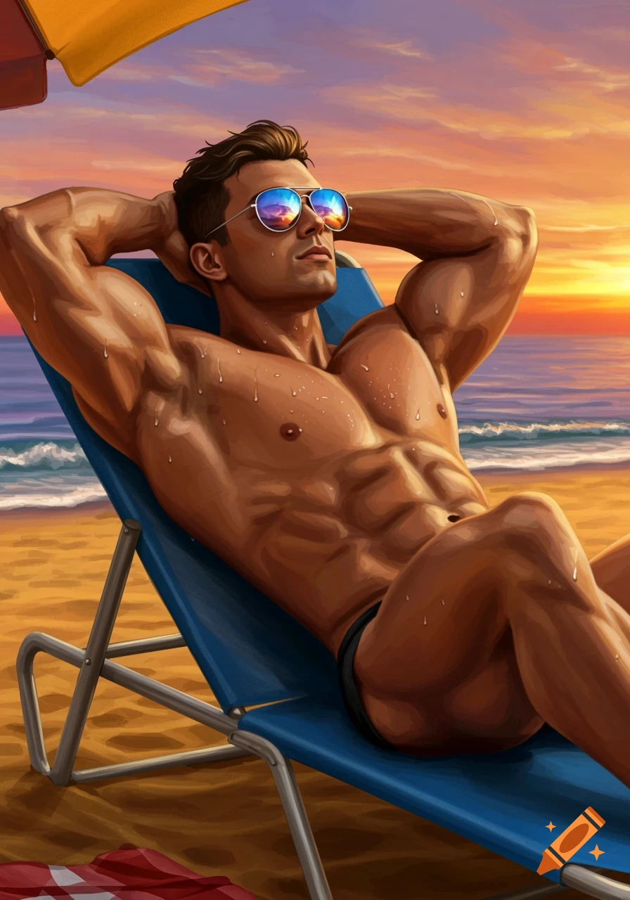 A muscular, shirtless man in a speedo reclines on a beach chair, sunglasses reflecting a sunset over the ocean. Illustration.