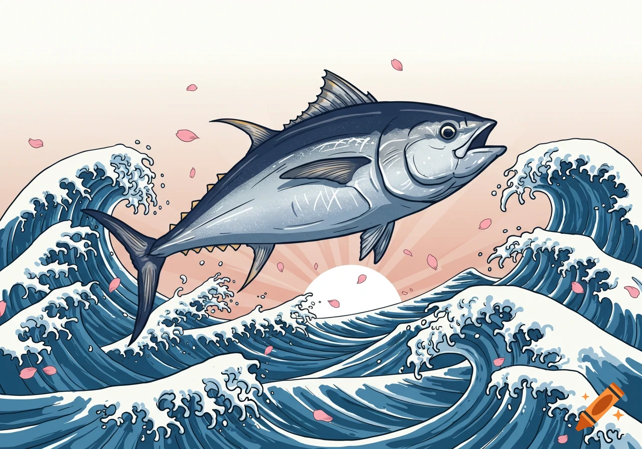 A blue tuna fish jumps from stylized blue and white waves with a pink sky, white sun, and falling cherry blossoms in a Japanese drawing style.