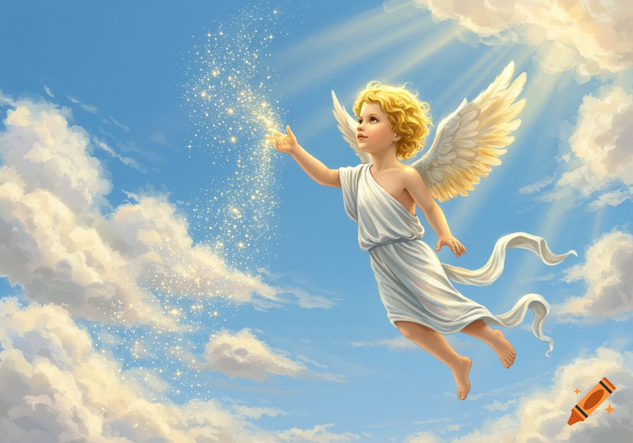 An illustration of a blonde cherub in a white robe flying in a blue sky, conjuring shimmering golden light.