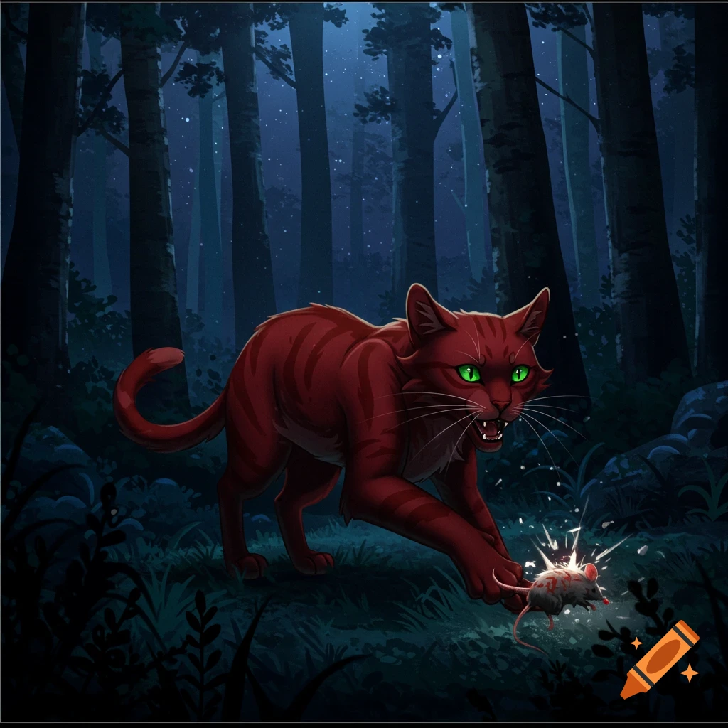A sleek maroon tomcat with glowing green eyes stalks through a dark, starlit forest, holding a freshly caught mouse. Stylized illustration.