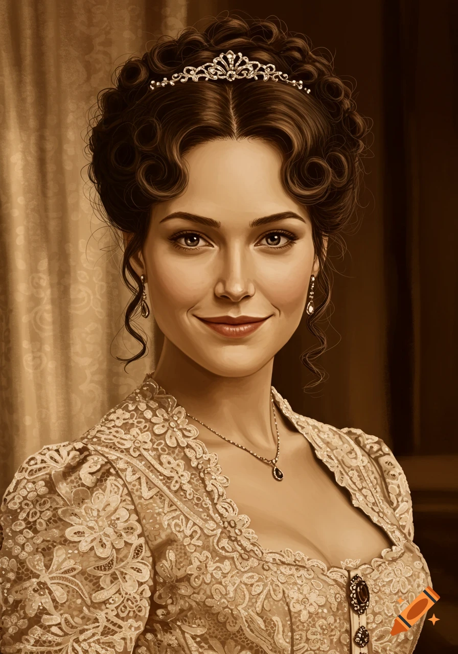 A captivating sepia-toned portrait of a smiling Victorian woman wearing an intricate lace dress and tiara.