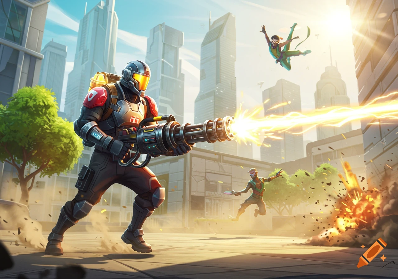 A Fortnite-style warrior fires a glowing minigun in a sunny futuristic city, with a masked acrobat and an explosion.