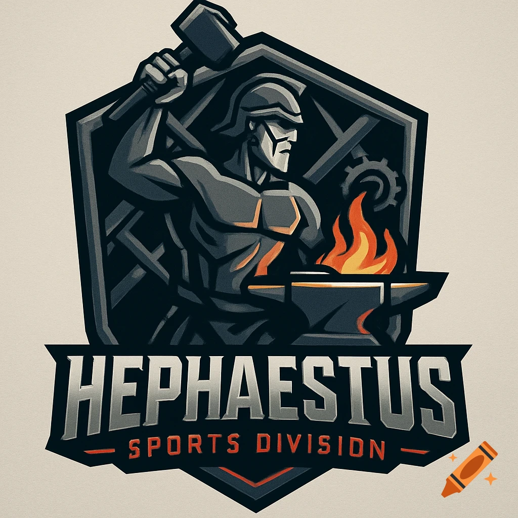 A stylized logo for 'Hephaestus Sports Division' featuring an armored blacksmith wielding a hammer over an anvil with flames.