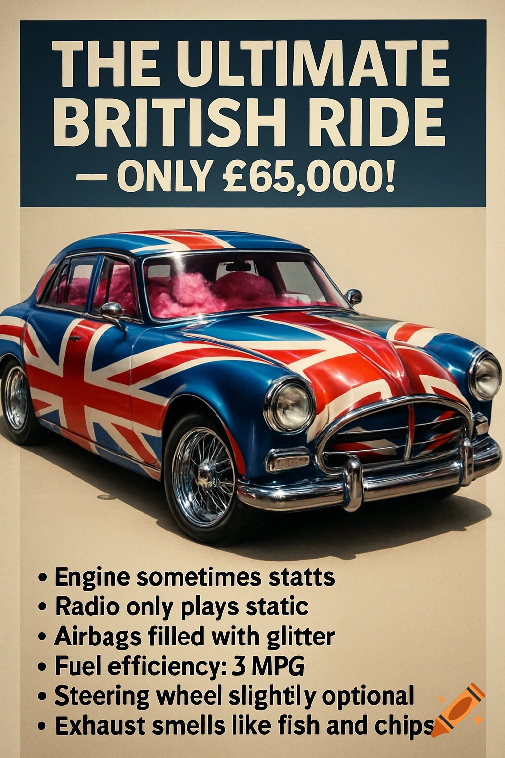 A satirical ad poster for "THE ULTIMATE BRITISH RIDE," a classic car covered in a Union Jack flag, with a fluffy pink interior. Text lists humorous bad features like "Engine sometimes statts."