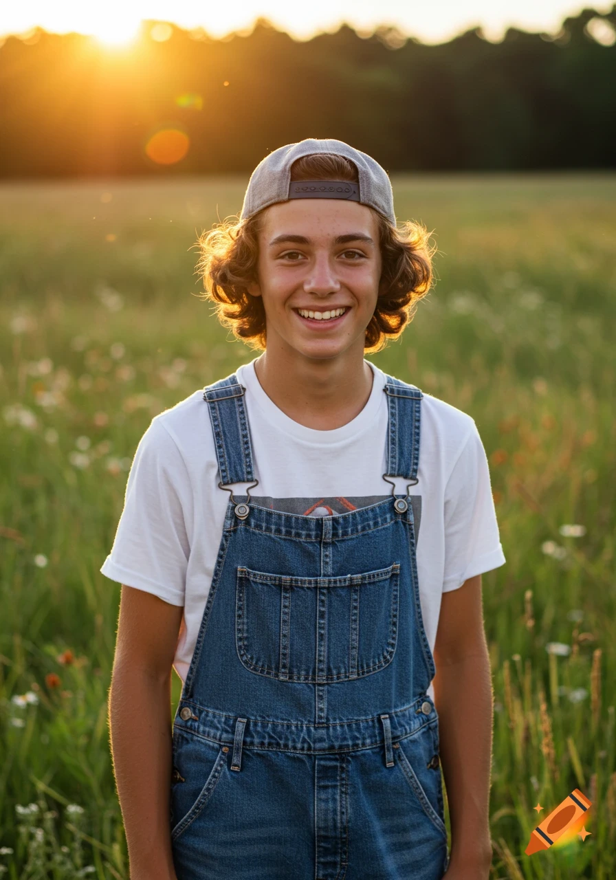 A cheerful teenage boy in overalls and a cap smiles in a sunlit grassy field at golden hour. Photorealistic.