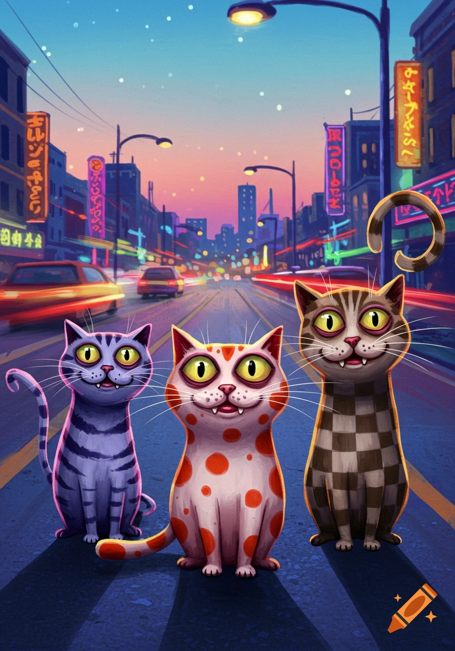 Three cartoonish, wide-eyed cats with fangs sit on a city street at dusk, with neon signs and blurred car lights in the background.