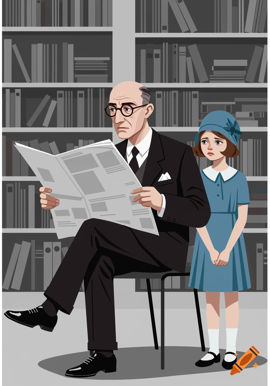A man in a suit and glasses reads a newspaper in a library, while a young girl in a blue dress stands beside him with a sad expression.