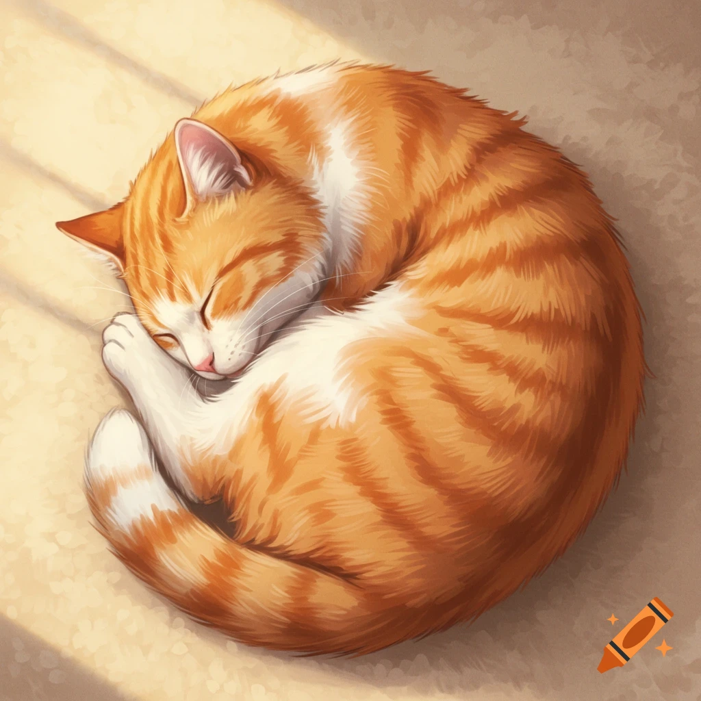 An orange and white tabby cat is curled up, sleeping peacefully on a warm, sunny surface in a cute, illustrative style.