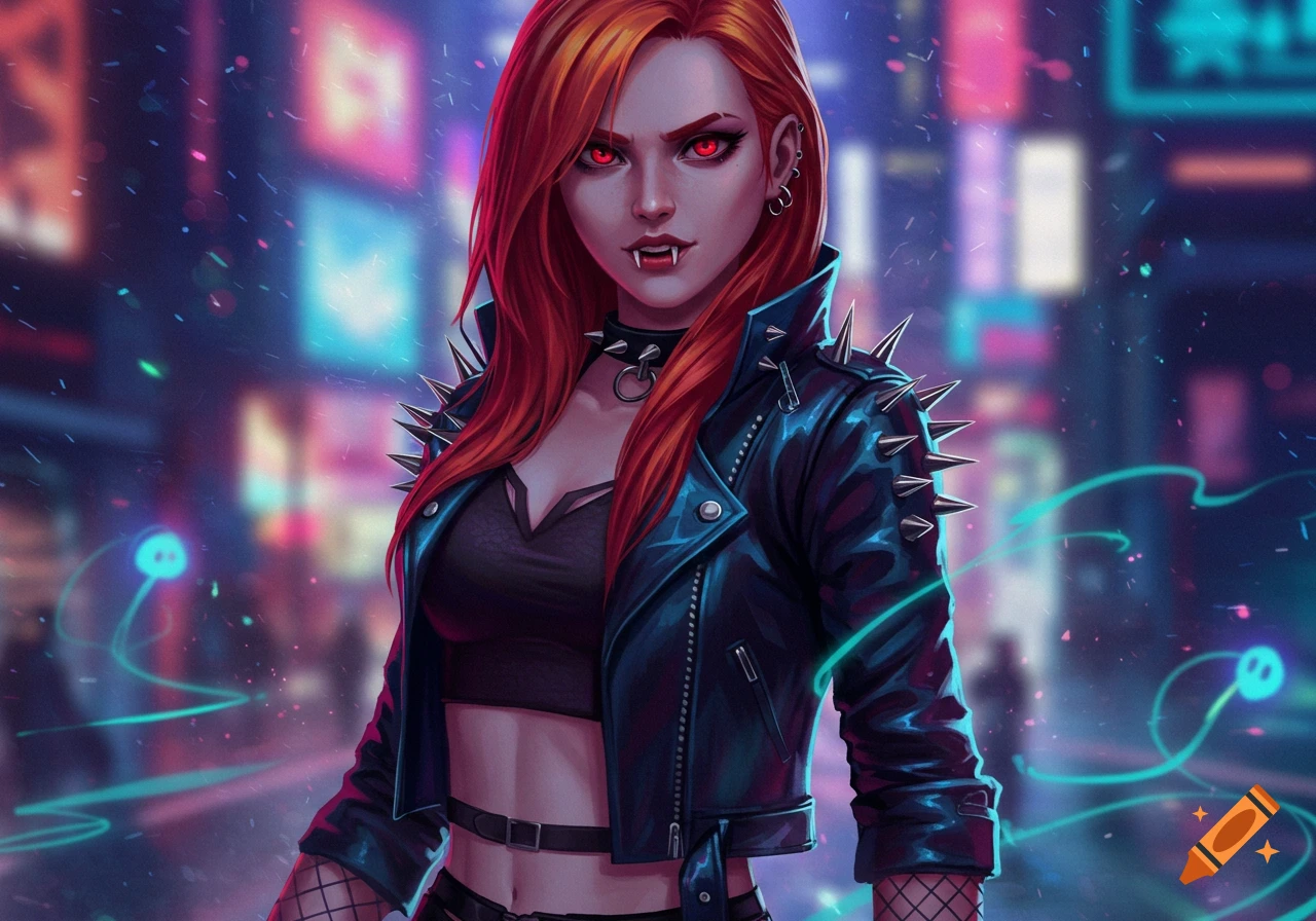 An animated red-haired vampire woman with fangs and red eyes, wearing a spiked leather jacket, stands in a neon-lit cyberpunk city.