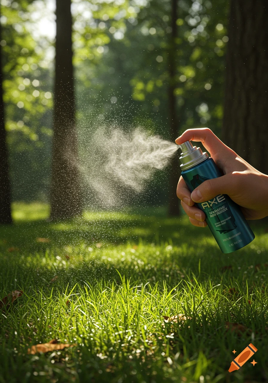 A hand sprays Axe body spray into the air above green grass in a sunlit forest clearing, photorealistic.