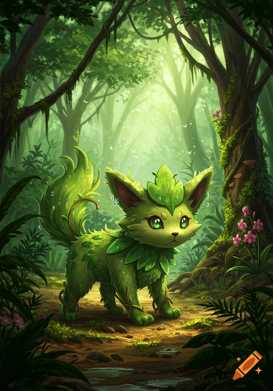A cute, fluffy green grass-type creature with large green eyes and leaf accents stands in a vibrant, sunlit fantasy forest.