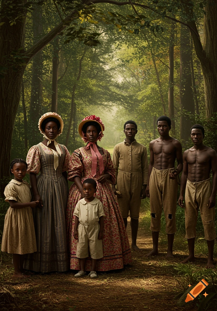 Photorealistic portrait of a diverse group of Black adults and children in historical clothing standing on a forest path.