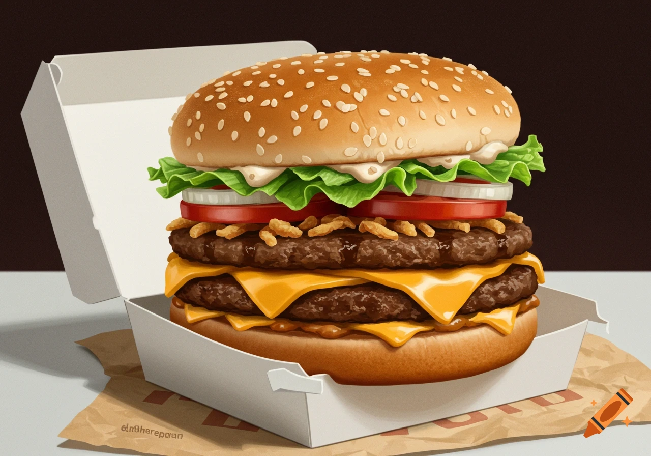 Photorealistic double cheeseburger with fresh toppings in an open white box on brown paper.