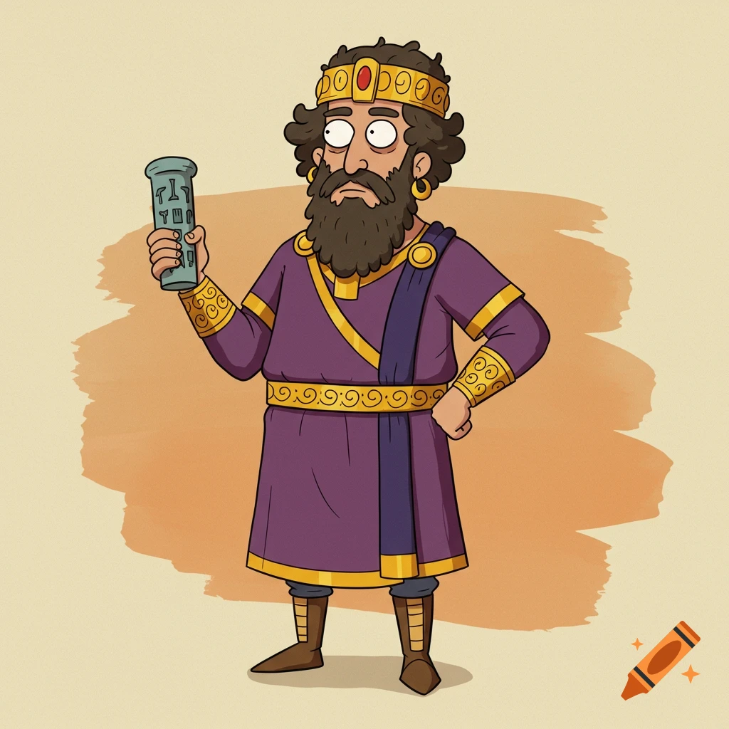 A full-body cartoon illustration of Cyrus the Great in Rick and Morty style, wearing a purple robe and golden crown, holding the Cyrus Cylinder.