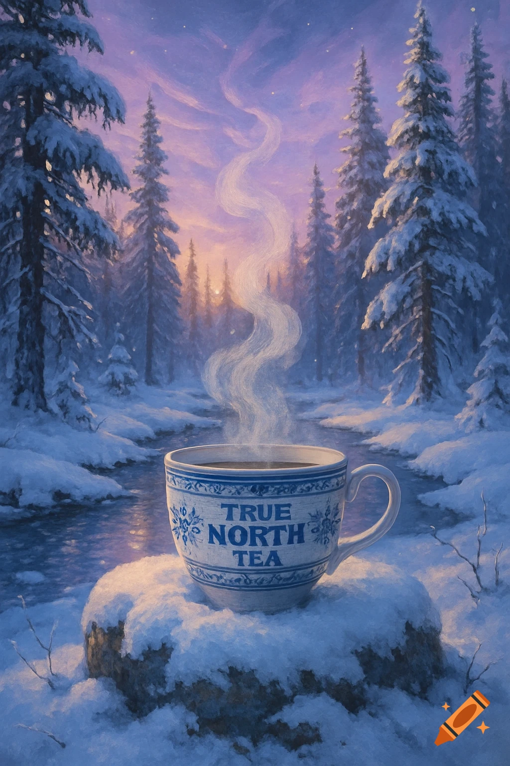 A steaming blue and white mug labeled 'True North Tea' rests on a snow-covered rock in a serene winter forest with a stream at sunrise.