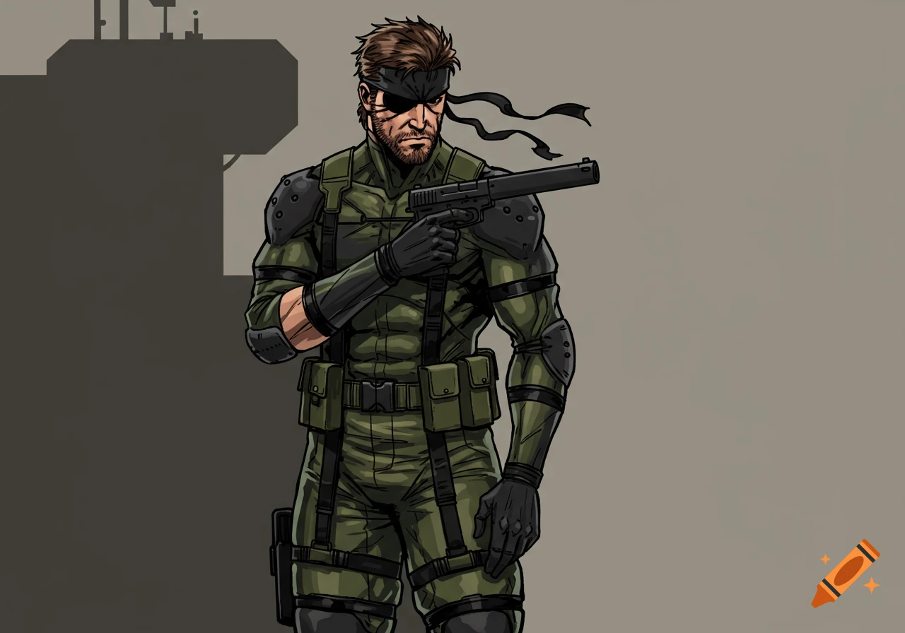 Comic-style illustration of Solid Snake from Metal Gear Solid, a man with an eye patch, beard, and military fatigues, holding a pistol.