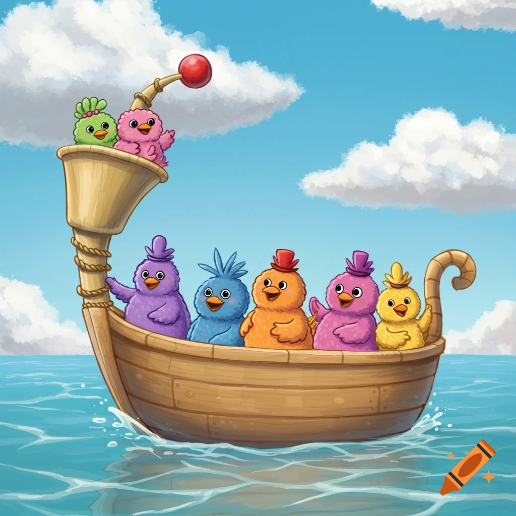 Six colorful cartoon birds, including purple, blue, orange, pink, and yellow ones, ride cheerfully in a wooden boat on a blue sea under a cloudy sky.